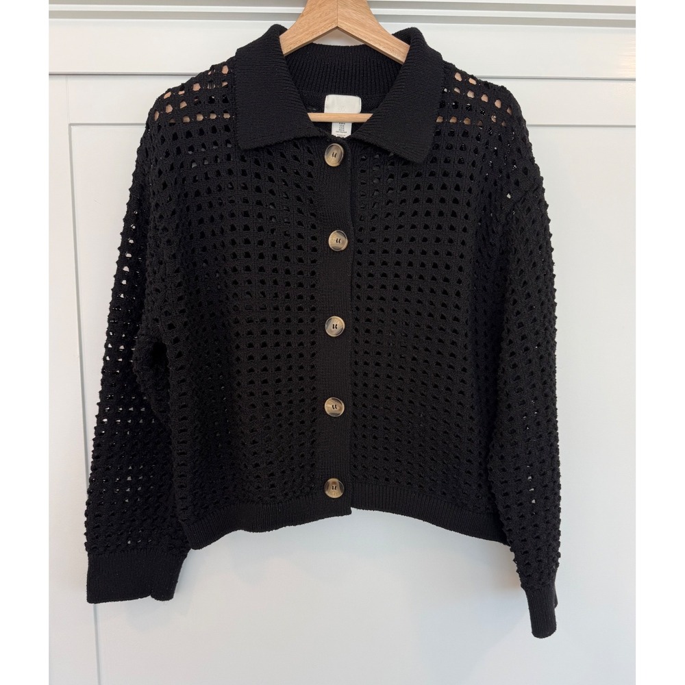 Black Open Knit Fisherman Cardigan Cropped Indie Button Front Sweater -Medium